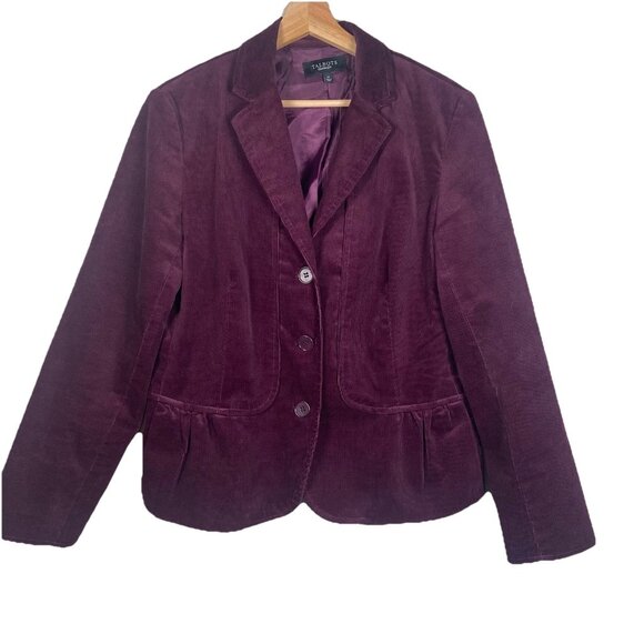Talbots Corduroy Lady Jacket Size 14 Burgundy Lined Blazer Ruffle Peplum Purple - Picture 1 of 9